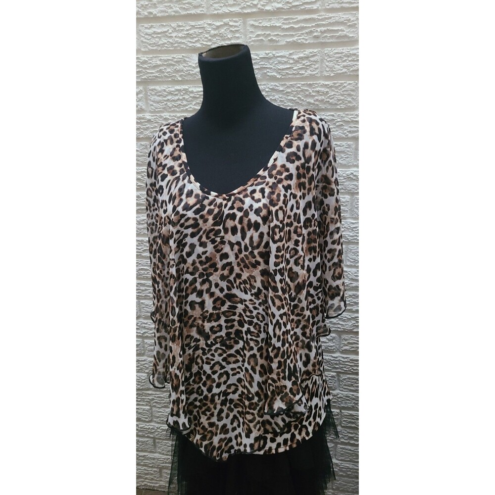 Adele and May Women's Size Large Leopard Print Sheer Puff Over Sleeve Blouse